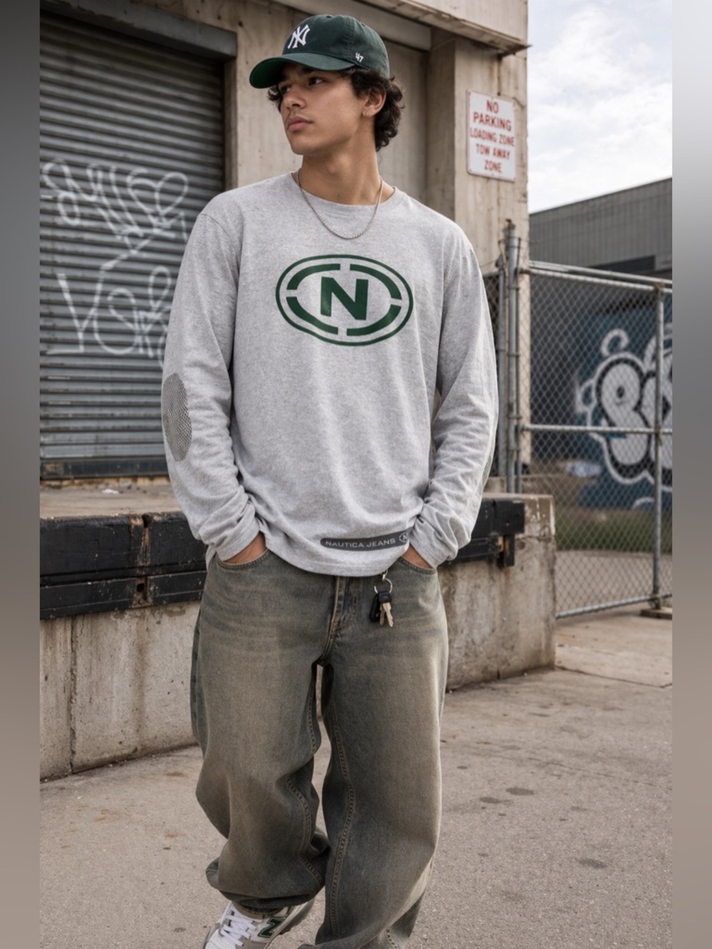 Nautica Jeans Co Gray Long Sleeve Tee XXL Green Logo Graphic Shirt